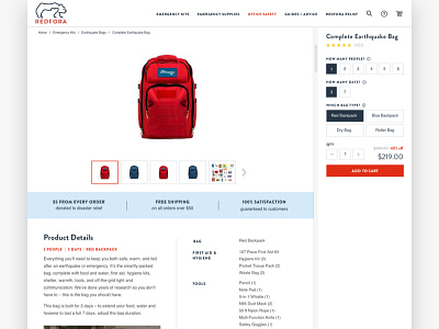 Earthquake Bag Product Page branding design earthquake bag ecommerce emergency graphic design kit ordering pdp product detail redfora shopify shopping web design website