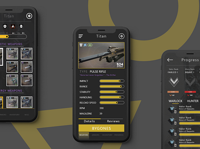 Game armory management Application UI app application design designs destroy flat ui design game gameui guns iphone x mobile mockup product design titan ui uiux ux