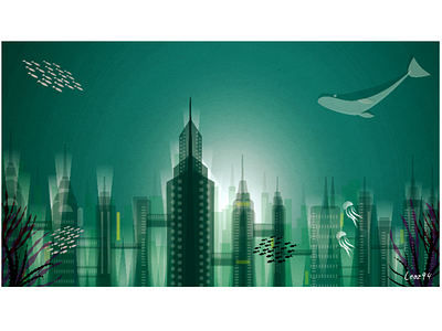 Bioshock: Rapture - game fan art. bioshock city design fan art fantastic fantasy fishes flat games illustration illustrator landscape minimal rapture skyscrapers