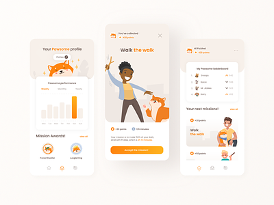 Pawsome - mobile pet app design animals app design dashboard gamification health illustration ladderboard mobile app design pet care pets rewards user interface