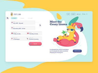 Crazy Llama booking platform booking character flight illustraion main page minimal searching ticket booking tickets ui web yellow