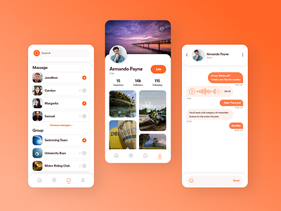 Social network of group travel planners app application booking chat concept cover design group chat massage planner profile social travel trip ui