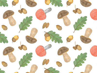 Watercolor repeat pattern, autumn in my soul and in the air autumn leaves and mushrooms illustration illustrations inspired by autumn repeat pattern