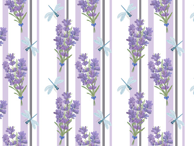 lavender flowers and dragonflies on the striped background dragonfly flower laveneder repeat pattern