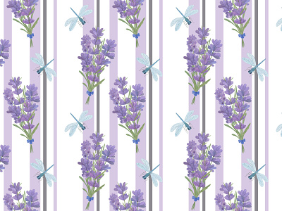 lavender flowers and dragonflies on the striped background