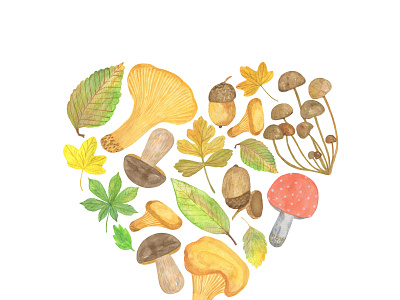 Pattern in the form of heart filled with autumn leaves and mushrooms illustrations inspired by autumn seasonal watercolor
