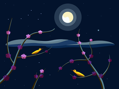 Yellow birds birds design illustration illustrator moon moonlight nature night stars triada vector vector illustration