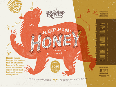 Rooftop Brew Co Hoppin' Honey ale bear beer bees brewery design duotone honey label print seattle typography