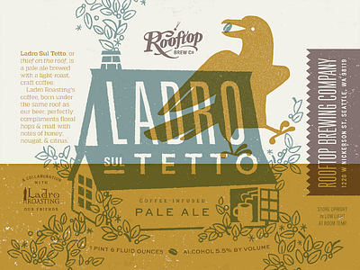 Rooftop Brew Co. Ladro Sul Tetto beer bird bottle brewery coffee crow design duotone house illustration label print