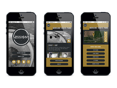 Sessions App app app design black concept gold graphic ios iphone mobile screen skateboard