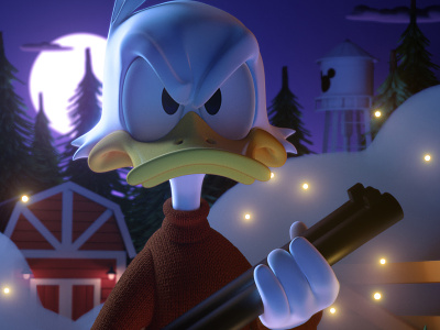 Donald Duck night guard on his farm. 3d cartoon character disney