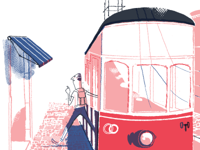 Travels blue character lisbon market pink red tram tthp