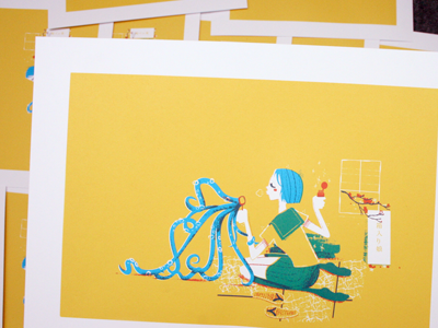 Hakoiri Musume - Printed blue octopus red school girl screen print tako tthp yellow