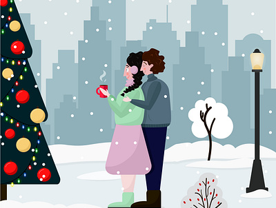 in a hug christmas tree city park coffee couple of lovers embrace girl guy holidays lamp logo magic snow snowdrifts warmly