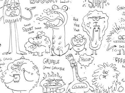 Ten Monsters in a Bed Early Sketches cartoon character character design comic illustration monster publishing sketch sketchbook