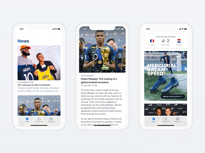 Kylian Mbappé App app card community feed football ios km kmbappe kylian mbappe mana studio mbappe mobile news newsfeed product design soccer sport typography ui ux