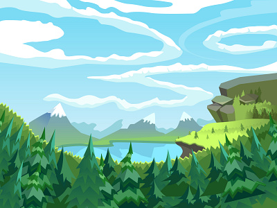 game illustration background background forest game game art illustration lake mountains sky vector