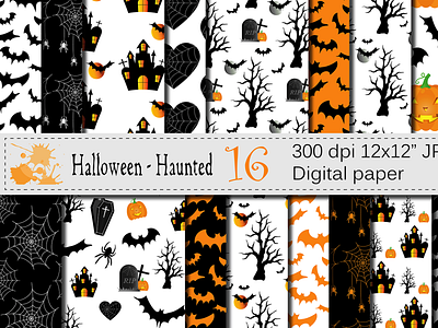 Halloween Digital Paper with Haunted House