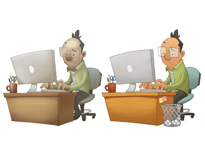 Old vs New character design computer desk digital illustration work