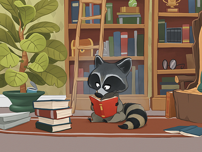 Reading Raccoon books character design childrens illustration fun illustration plants raccoon