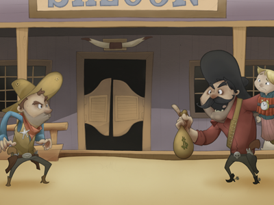 A Standoff childrens book cowboy digital illustration robbery saloon wild west