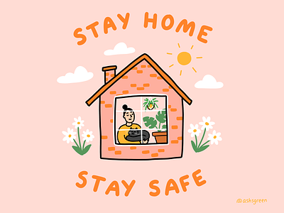 Stay home & stay safe cat clouds colourful coronavirus covid19 cute design girl home house houseplants illustration pink and orange plants scenery stay home sun