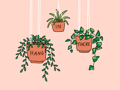 Hang in there hang in there hanging plants house plants line drawing peach pink quote