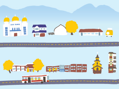 buildings, mountains, and streets barn bus church firehall house illustration mountain road school temple townhouse van