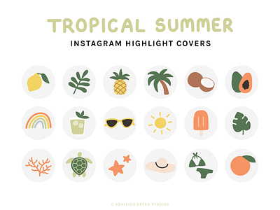 Tropical Summer icons beauty drinks flat illustrations fruit icons illustrations instagram highlights minimal icons nature plants summer trees tropical vacation icons