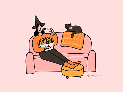 Quarantine Halloween candy cat couch girl halloween illustration lockdown relaxing trick or treat witch