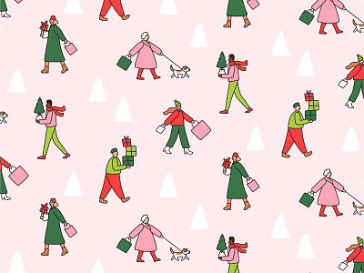 Christmas shoppers character pattern christmas pattern christmas shoppers gift shopping illustration little people pattern design shopping snow surface design trees winter outfits