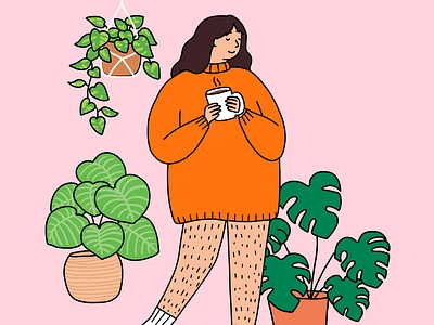 hello spring body positivity bright colours coffee girl girl drawing hairy legs hanging plants house plants illustration macrame sweater