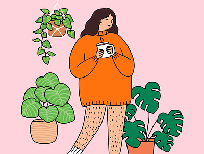 hello spring body positivity bright colours coffee girl girl drawing hairy legs hanging plants house plants illustration macrame sweater