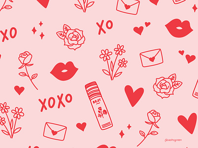 Beauty brand pattern beauty brand branding hearts illustrated pattern kisses letters pattern design pink and red roses skincare products