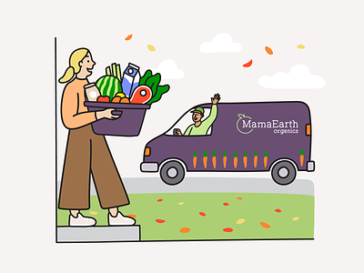 Mama Earth fall delivery adobe illustrator brand illustration character delivery delivery van fall scene food delivery fruits and vegetables groceries illustration mama earth organic produce