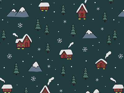 Cozy cabin pattern cabins canada forest free wallpaper illustration mountains night pattern print repeating pattern snow surface design trees winter