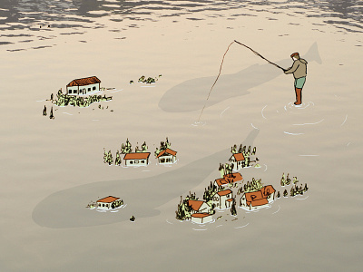 more experimenting drawing experiment fish fishing houses iceland illustration man water