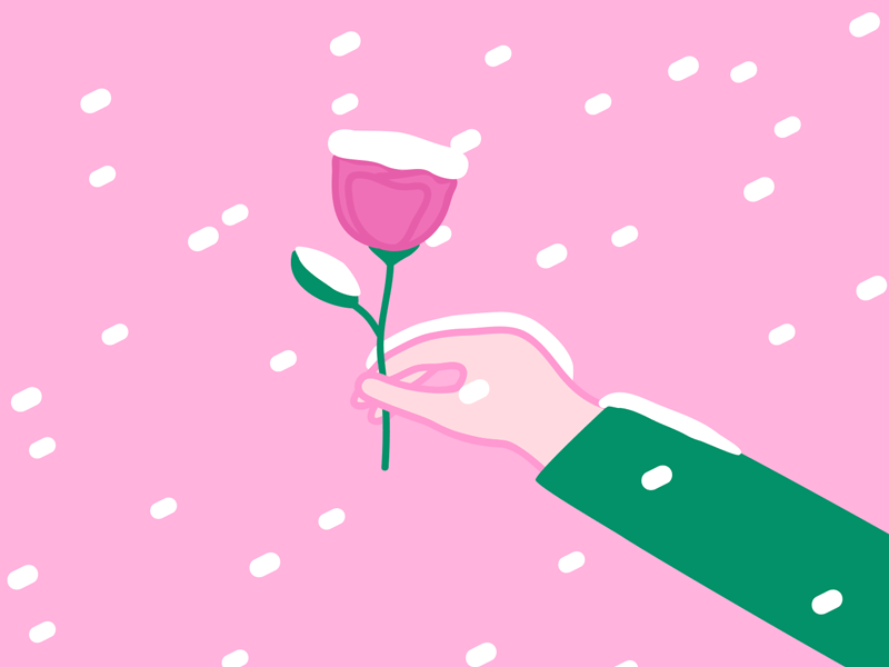 v day 1 animation gif hand illustration pink rose snow snowing valentine valentines day