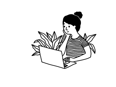 working girl black and white character computer drawing girl hands laptop leaves minimal plants sketch typing