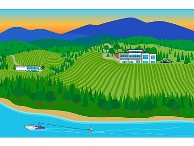 castle on the hill adobe illustrator architecture buildings illustration lake landscape mountains vector vineyard winery