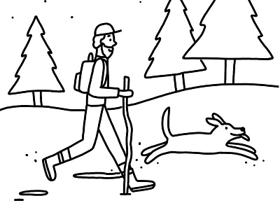 Day 6 30 days of characters character dog hand drawn illustration line drawing man snow trees walking west coast