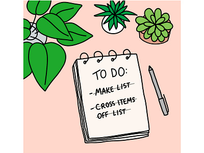 Productive Day 30 days of plants flat lay houseplants illustration line drawing notebook sketchbook to do list