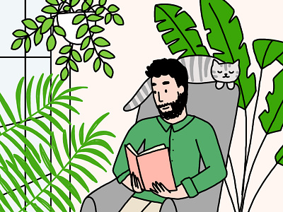 Day 23 30 days of plants book cat character drawing illustration line drawing man plants reading room