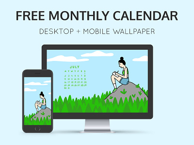 Free monthly calendar + mobile wallpaper background character desktop flowers free download girl hiking illustration july 2018 mobile sketching wallpaper