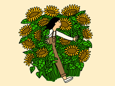 Sunflower Fields character field girl illustration line drawing overalls photoshop plants sunflowers