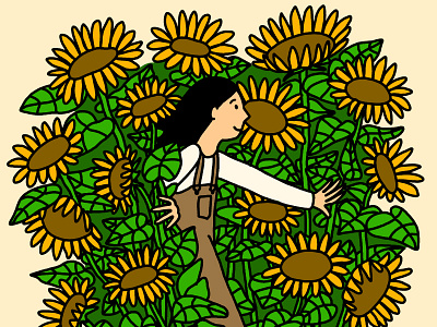 Sunflower Fields - detail shot character drawing fall farmer flowers girl green illustration line drawing overalls photoshop plants summer sunflowers