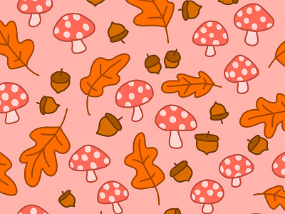 Inktober Day 11 acorns autumn fall forest hand drawn illustrated pattern illustration leaves mushrooms oak pattern pink