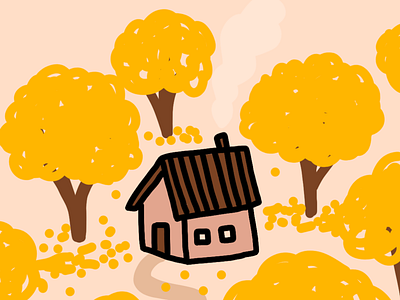 Inktober Day 21 autumn cabin drawing fall golden trees illustration inktober leaves