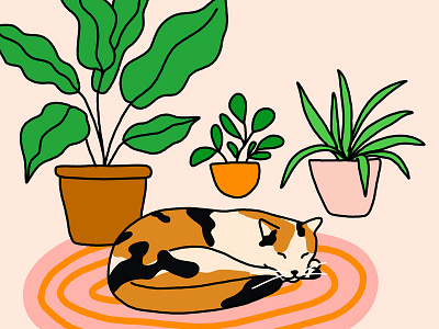 National Cat Day calico cat cat illustration inktober interior lifestyle living room minimal plants retro rug still life
