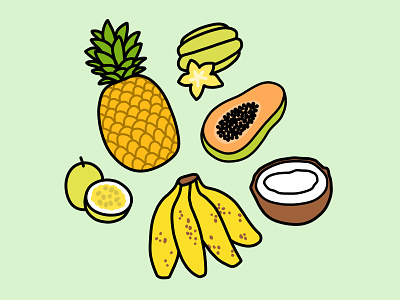 Tropical Hawaiian Fruits bananas coconut food illustration hawaii illustration line drawings maui papaya passionfruit pineapple starfruit stickers tropical fruit vegan
